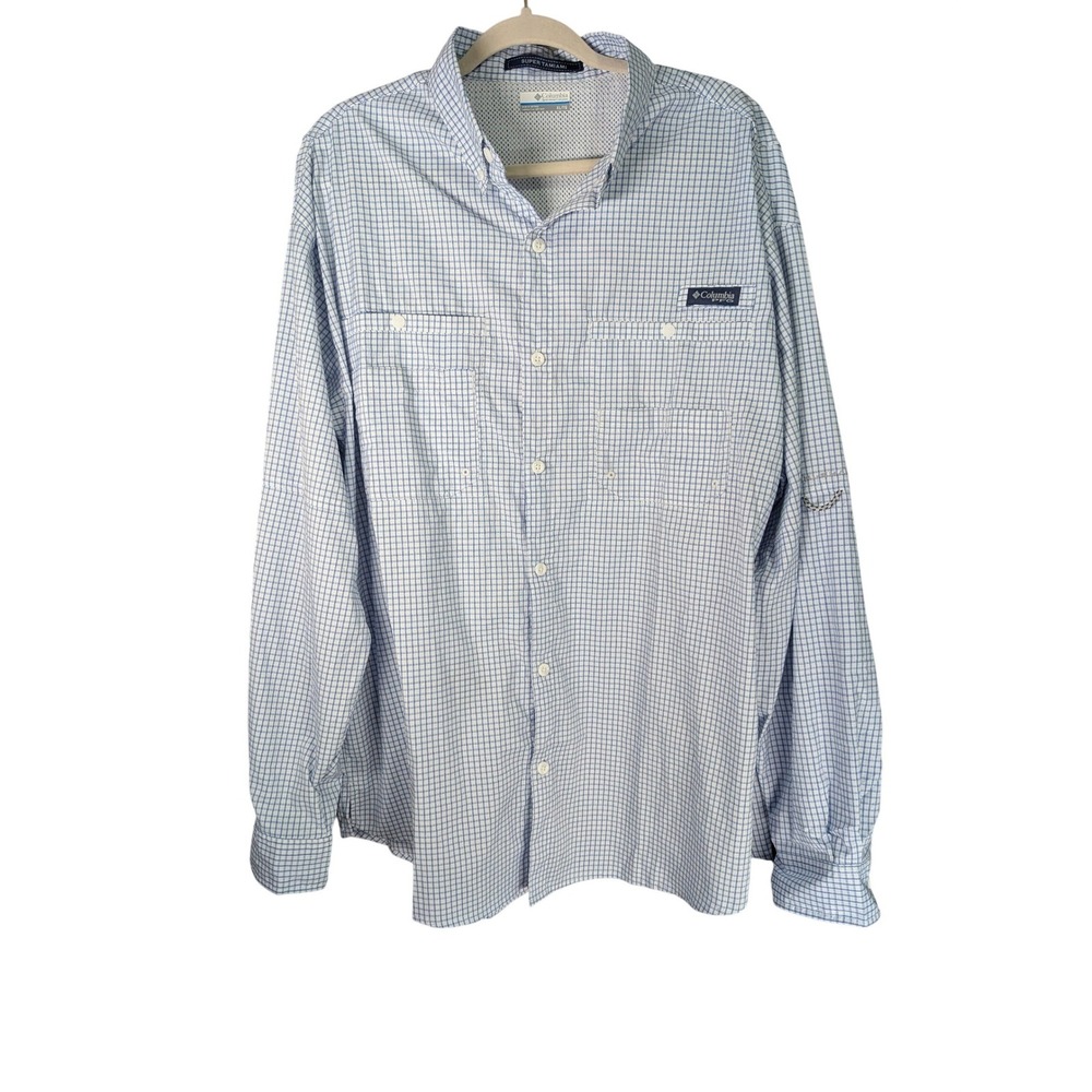 Columbia PFG Super Tamiami Fishing Shirt Mens XL Blue White Plaid New